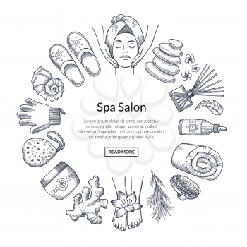 Vector hand drawn spa elements in circle form with place for text in center illustration. Sketch beauty drawn, natural element for care