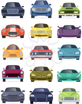 Vehicles front view. Transport automobiles taxi bus truck cartoon cars vector collection. Car vehicle front view, automobile model illustration