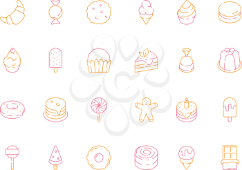 Colored dessert icons. Birthday sweets cakes candy tiramisu delicious food jelly ice cream vector symbols. Illustration of dessert cake and lolly, biscuit and candy