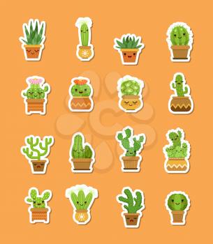 Vector cacti in pots flat style stickers isolated on plain background illustration