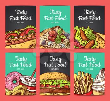 Vector card templates set with hand drawn fast food elements and place for text. Illustration fast food card with hamburger and hot dog
