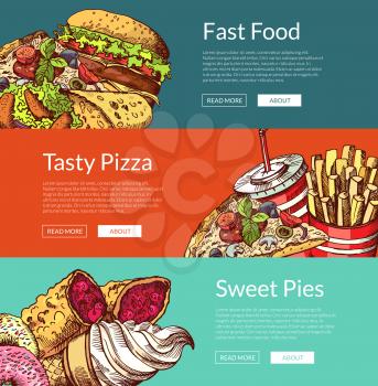 Vector horizontal banners with fastfood burgers, ice cream, donuts and pizza illustration