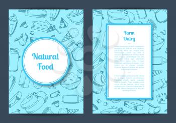Vector card template with place for text and contoured hand drawn milk products on background illustration