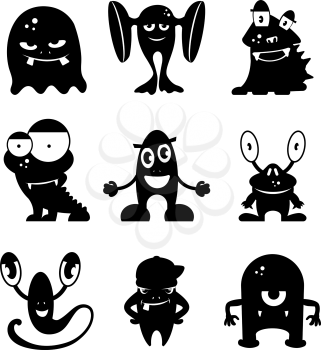 Black monsters silhouettes. Vector set of monochrome characters illustration flat