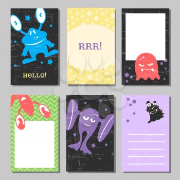 Colorful retro funny cards set with cute monsters. Templates for birthday, anniversary, party invitations, scrapbooking. Vector illustration collection
