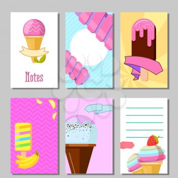 Banner set of cute sweet backgrounds. Ice cream and fruits summer cards. Vector illustration