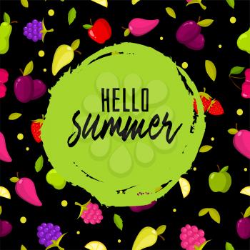 Hello summer. Colorful background with fruits. Banner and poster summer. Vector illustration