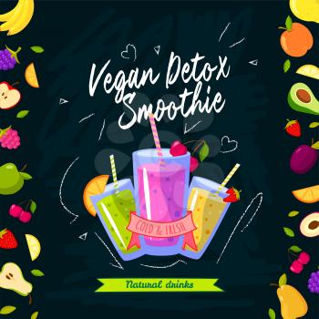 Smoothies time. Vector illustration with different smoothies and fruits on black background. Smoothie detox vegan, fresh and cold beverage