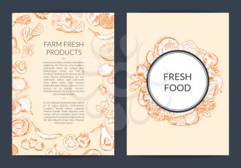 Vector doodle handdrawn fruits and vegetables vegan, healthy food card, brochure, flyer template, banner poster illustration