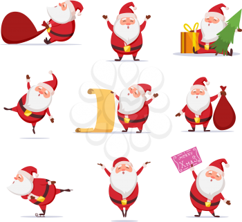 Christmas symbols of funny cute santa. Different characters set in dynamic poses. Santa claus with christmas tree and sack gifts. Vector illustration