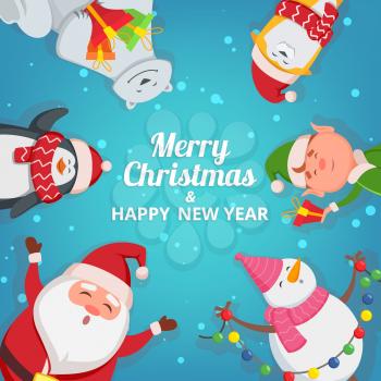 Christmas background with funny characters. Design template with place for your text. Christmas banner card template with snowman and elf illustration