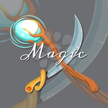 Vector fantasy cartoon style game design medieval crossed magic staff and saber sword elements with lettering and shadows illustration
