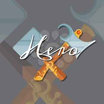 Vector fantasy cartoon style game design medieval crossed design hammer and axe illustration