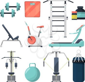 Different fitness items for gym. Illustration of equipment for bodybuilding. Fitness gym objects barbell and dumbbell