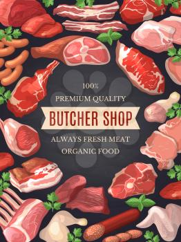 Food pictures set. Illustrations of meat. Poster for butcher shop with organic meat product, sirloin and fresh steak pork vector