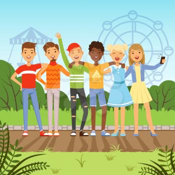 Big friendly group of multiracial teenagers. Vector background picture in cartoon style. Young teenager people illustration