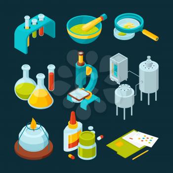 Pharmaceutical and chemical industry isometric illustrations. Chemical research laboratory, experiment medicine vector