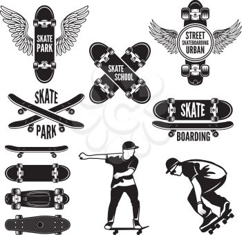 Illustrations of skating and labels for skateboarders. Vector monochrome pictures. Skateboarding emblem, extreme sport label set