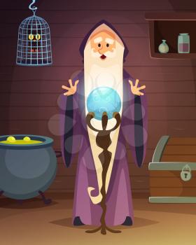 Cartoon background with accessories of wizard or magician. Wizard magician with magical ball illustration vector