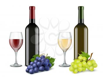 Grapes and wine glasses. Vector realistic pictures. Illustration of drink wine, grape isolated