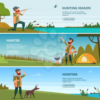 Hunters on hunt banners. Cartoon illustrations of hunting. Hunter with shotgun, hunting leisure and adventure vector