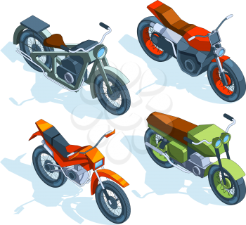 Sport bikes isometric. 3D pictures of various motorcycles. Vector motorbike transport, bike isometry for travel and sport illustration