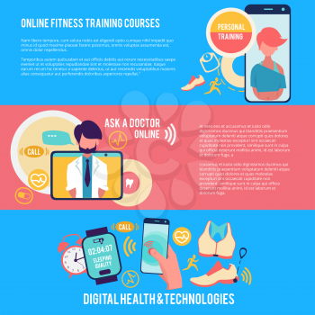 Medicine and technology. Horizontal banners with illustrations of medicine. Vector online web diagnosis, fitness training smartphone
