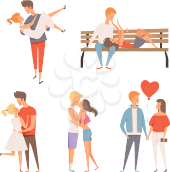 Love couples. Flirting and kissing romantic lovers male and female characters at st valentine day 14 february vector cartoon mascots. Girlfriend character, romantic love flirting illustration