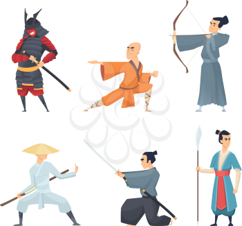 China fighters. Traditional eastern heroes emperor guangdong samurai ninja sword vector cartoon characters in action poses. Japanese martial ninja, warrior samurai with weapon illustration