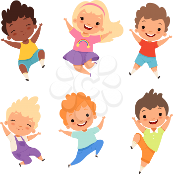Jumping kids. Happy school children smile laugh boys and girls playing vector cartoon characters. Illustration of happy cartoon school boy and girl