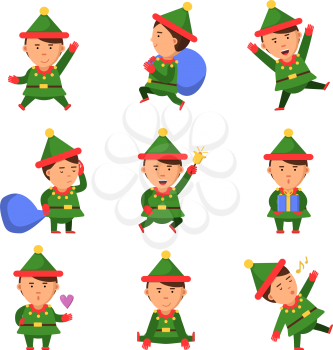 Elf characters. Xmas mascot collection dwarf santa helper fun christmas cartoon vector person in action pose. Character elf xmas in green suit, mascot christmas illustration