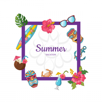 Vector cartoon summer travel elements flying around frame with place for text illustration isolated on white background