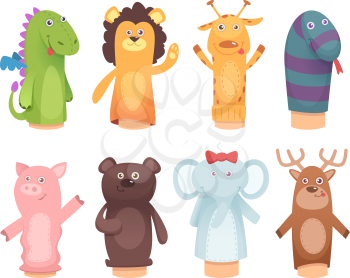 Hands puppets. Toys from socks for kids funny children games vector characters isolated. Illustration of puppet toys character, theatrical showing deer and elephant