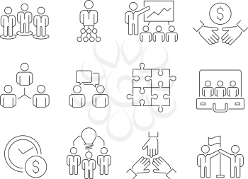Team building icons. Work group of business people help together coworking participation vector thin line symbols isolated. Vector business team, cooperation and collaborate illustration