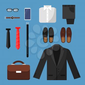 Businessman clothes. Fashion mens items pants shirt shoes watches tie bag vector top view flat illustrations. Businessman fashion shoes and phone, watch and pants