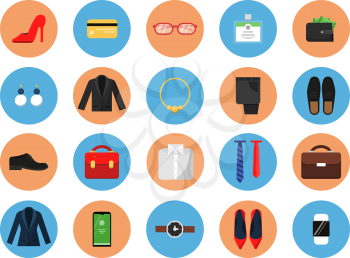 Business wardrobe icons. Office style clothes for male and female work casual fashion skirt suit jacket hat bag vector colored symbols. Male and female business wardrobe colored icons illustration