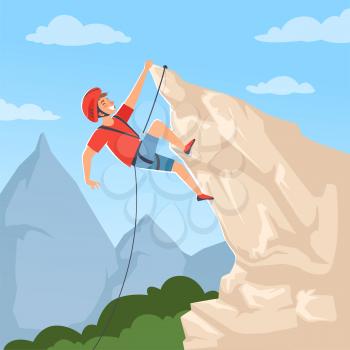 Mountain climber on hills. Poster with male mountaineering explore snow rocky mountain hights achieve extreme adventure vector placard. Mountain hill, extreme adventure, rock climber illustration