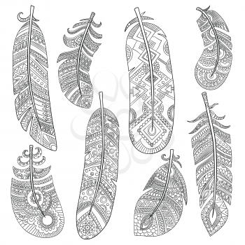 Indian tribal feathers. Fashion aztec bird american pattern vintage feathers vector monochrome pattern. Illustration of tribal ethnic feather, ornamental fashion