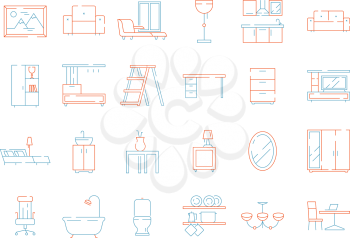 Colored furniture icon. Room interior items chair table bed fireplace home symbols vector thin line pictures. Outline interior, armchair and sofa, chair and table illustration