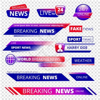Breaking news. Television channel broadcasting service graphic headpiece banners vector template. Breaking news badge for tv channel illustration