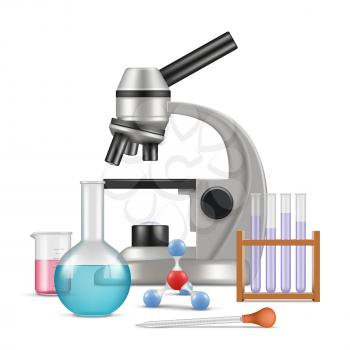 Science laboratory 3d. Biology physics items for tests and experiments in lab microscope glass tubes vector realistic composition. Experiment lab, research and education, test chemistry illustration