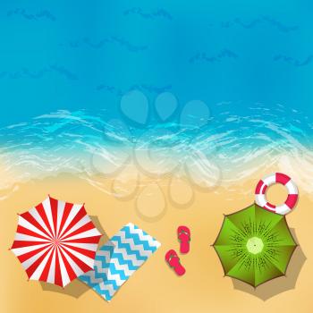 Vector summer beach landscape with sand, water, umbrellas and blankets background illustration. Ocean or sea sand beach, summer holiday