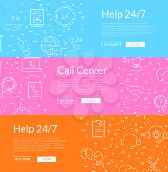 Vector line call support center icons colored web banner templates collection illustration