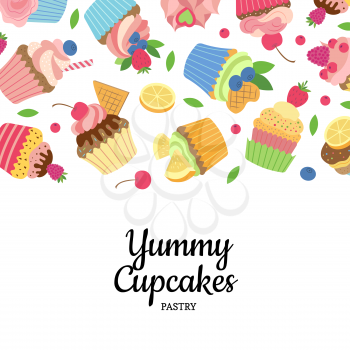 Vector cute cartoon muffins or cupcakes background with place for text illustration
