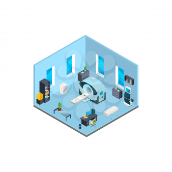Vector isometric hospital interior with furniture and medical equipment illustration. Medical hospital interior, isometric mri clinic equipment