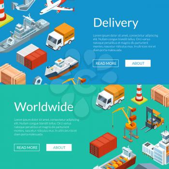 Vector isometric marine logistics and seaport web banner and postert templates illustration