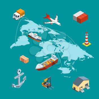 Vector isometric marine logistics and worldwide shipping on world map with pins concept illustration. Transportation logistic network world, shipping visualization