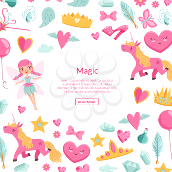 Vector cute artoon magic and fairytale elements background with place for text illustration. Unicorn and crown, princess fairytale