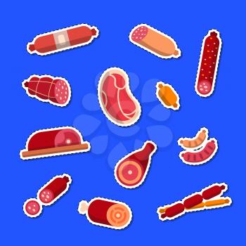 Vector flat meat and sausages icons stickers set illustration isolated on blue background