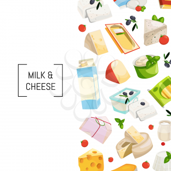 Vector cartoon dairy and cheese products background with place for text illustration. Banner and web poster